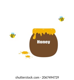 Bees flying over a bucket full of honey, store honey that sweet, viscous food substance and create honeycombs. (Buzzing illustration, vector, image)