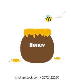 Bees flying over a bucket full of honey, store honey that sweet, viscous food substance, bees support the growth of trees and plants, critical to the environment. 