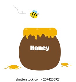 Bienen, die über einen Eimer voller Honig fliegen, Honig lagern, der süße, viskose Nahrung, Bienen unterstützen das Wachstum von Bäumen und Pflanzen, entscheidend für die Umwelt. 