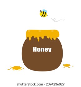 Bees flying over a bucket full of honey, store honey that sweet, viscous food substance, bees support the growth of trees and plants, critical to the environment. 