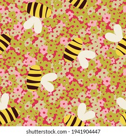 bees flying over flowers seamless vector pattern