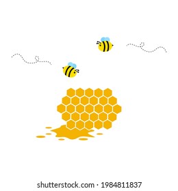 Bees flying over a honeycomb displaying hexagonal prismatic wax cells, store honey that sweet and viscous food substance on white background.