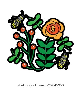 bees flying over some flowers branch leaves