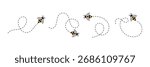 Bees flying path. Cartoon bee fly dotted line route, bumblebee wasp hornet honeybee flight track buzz bug baby animal insect fly to honey or flower . Flying bee route set. eps 10