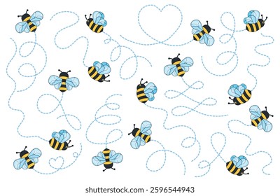 Bees flying path. Cartoon bee fly dotted line route, bumblebee wasp hornet honeybee flight track buzz bug baby animal insect fly to honey or flower, set neat vector illustration original artwork