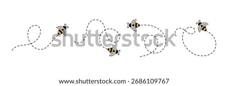 Bees flying path. Cartoon bee fly dotted line route, bumblebee wasp hornet honeybee flight track buzz bug baby animal insect fly to honey or flower . Flying bee route set. eps 10