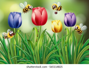 Bees flying in the tulip garden illustration
