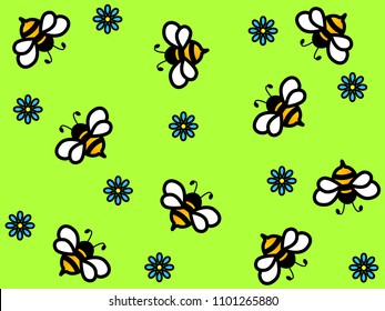 Bees flying vector illustration on a green background