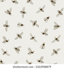 Bees flying vector seamless pattern.