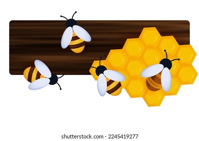 Bees with a fragment of honeycombs on wooden boards. Vector 3d illustration. Insects in the apiary, a swarm of bees close-up, hexagonal yellow honeycombs. The concept of collecting nectar, environment