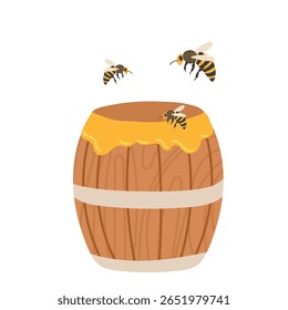 As abelhas se reúnem em torno de um barril de mel em uma ilustração brilhante e colorida