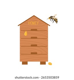 Bees gather around a wooden honey hive in a bright and cheerful setting
