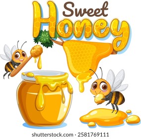 Bees gathering honey with honeycomb and jar