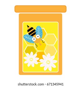 Bees with glass of honey isolated on white background. Vector illustration.