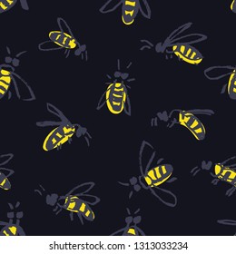 Bees Hand drawing Seamless pattern Black background set