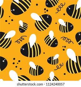 Bees, hand drawn seamless pattern. Colorful backdrop with insects. Decorative colored wallpaper, good for printing. Hand drawn overlapping background, beekeeping. Design illustration vector