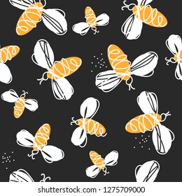 Bees, hand drawn seamless pattern. Colorful backdrop with insects. Decorative colored wallpaper, good for printing. Hand drawn overlapping background, beekeeping. Design illustration vector