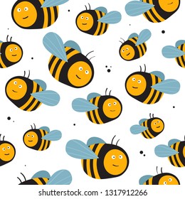 Bees, hand drawn seamless pattern. Colorful backdrop with insects. Decorative colored wallpaper, good for printing. Hand drawn overlapping background, beekeeping. Design illustration vector