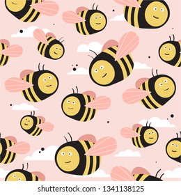 Bees, hand drawn seamless pattern. Colorful backdrop with insects. Decorative colored wallpaper, good for printing. Hand drawn overlapping background, beekeeping. Design illustration vector