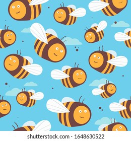 Bees, hand drawn seamless pattern. Colorful backdrop with happy insects, sky. Beekeeping. Decorative illustration, good for printing. Wallpaper design