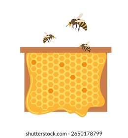 Bees harvesting honey from a hive during daytime in a sunny environment near flowers