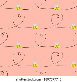 Bees and hearts from the dotted line on a pink background. Seamless canvas. Vector illustration. Valentine's Day.