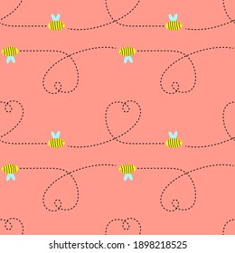 Bees and hearts from a dotted line on a red background. Seamless canvas. Vector illustration. Valentine's Day.