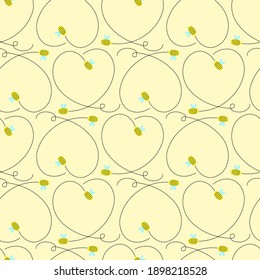 Bees and hearts from a dotted line on a yellow background. Seamless canvas. Vector illustration. Valentine's Day.