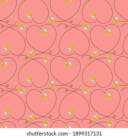 Bees and hearts from a dotted line on a red background. Seamless canvas. Vector illustration. Valentine's Day.