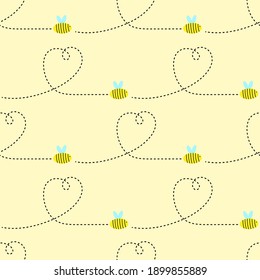 Bees and hearts from a dotted line on a yellow background. Seamless canvas. Vector illustration. Valentine's Day.