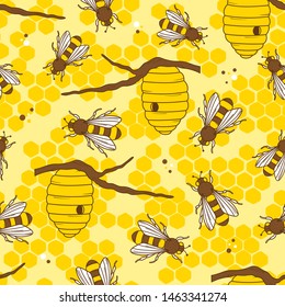 Bees, hives and honeycombs, hand drawn seamless pattern. Colorful backdrop with insects. Beekeeping vector. Decorative illustration, good for printing. Wallpaper design