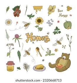Bees, honey and bears vector illustraions set.