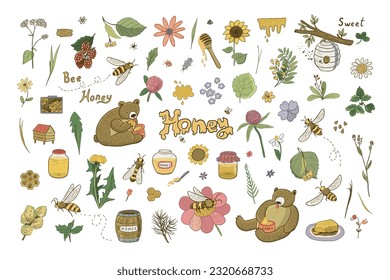 Bees, honey and bears vector illustraions set.