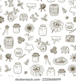 Bees, honey and bears vector seamless pattern.