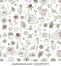 Bees, honey and bears vector seamless linepattern.
