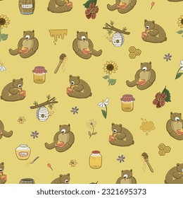 Bees, honey and bears vector seamless pattern.