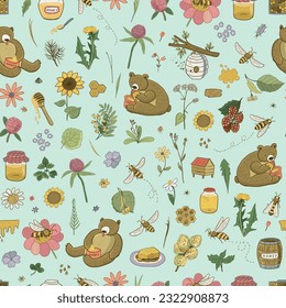 Bees, honey and bears vector seamless pattern.