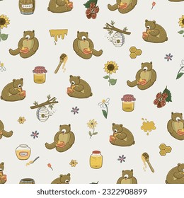 Bees, honey and bears vector seamless pattern.