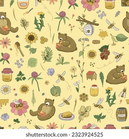 Bees, honey and bears vector seamless pattern.