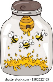 Bees and honey closed on transparent glass jar

