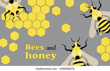 Bees and honey. Cute card with striped insects on honeycombs for printing on brochures, leaflets, decorative pillows, kitchen textiles, poster. Vector graphics.