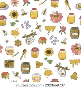 Bees, honey and flowers vector seamless pattern.