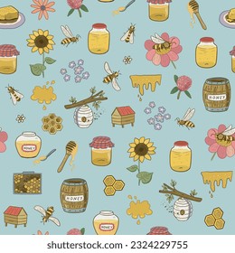 Bees, honey and flowers vector seamless pattern.