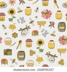 Bees, honey and flowers vector seamless pattern.