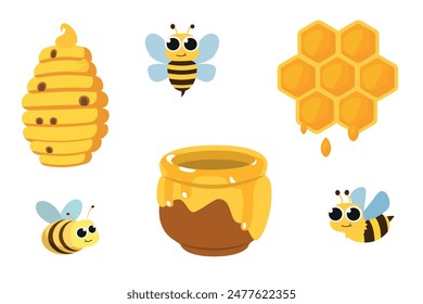 Bees, honey, honey jar, beehive, beeswax. Flat design elements isolated on white. 