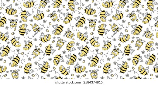 Bees, honey jar, flowers. Seamless pattern. Drawing, Doodle. Bees cute cartoon, insects fly with honey. Repeating background.	