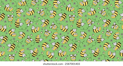 Bees, honey jar, flowers. Seamless pattern. Drawing, Doodle. Bees cute cartoon, insects fly with honey. Repeating background.	