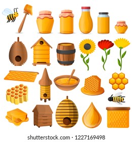 Bees honey jar icon set. Cartoon set of bees honey jar vector icons for web design