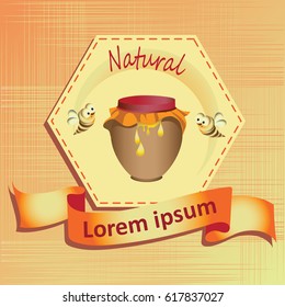 Bees and honey pot. Logo, label. Background with hexagon and ribbon for text, stylized cartoon bees. Composition for decoration of products from honey, products for children.