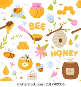 Bees honey seamless pattern. Healthy natural bee products, funny cartoon items, apiary and wild hives, honeycombs and organic sweets. Decor textile, wrapping paper wallpaper, vector print